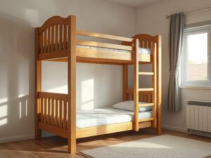 Giường tầng cho bé bằng gỗ sồi tự nhiên đặt trong phòng ngủ sáng