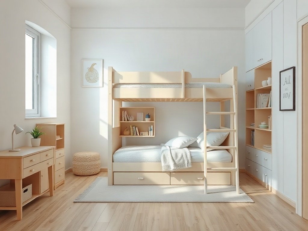 10 điều cần lưu ý khi mua giường tầng cho bé Giường tầng cho bé sơn màu pastel kèm bàn học tích hợp