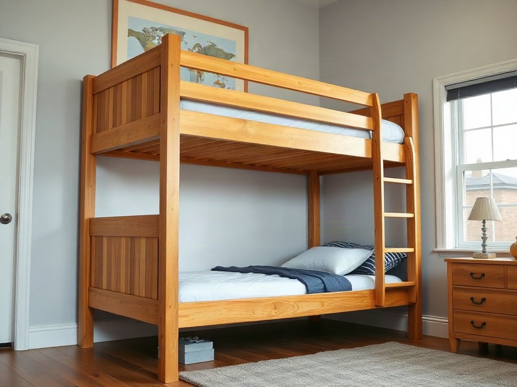 Giường tầng giá rẻ khung gỗ dày đặt trong phòng ngủ đơn giản