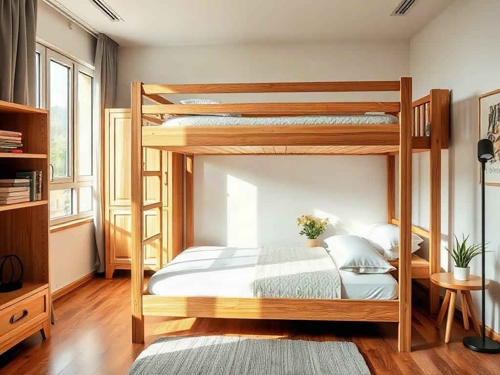 Giường tầng gỗ tự nhiên đặt trong phòng ngủ nhỏ tiết kiệm diện tích