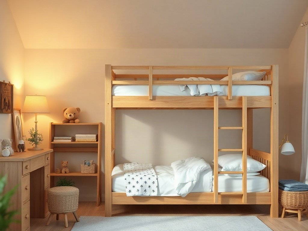 giường tầng gỗ tự nhiên với ánh sáng đèn ngủ ấm áp cho bé