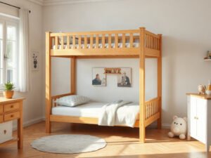 Giường tầng trẻ em gỗ thông đặt trong phòng ngủ với ánh sáng tự nhiên