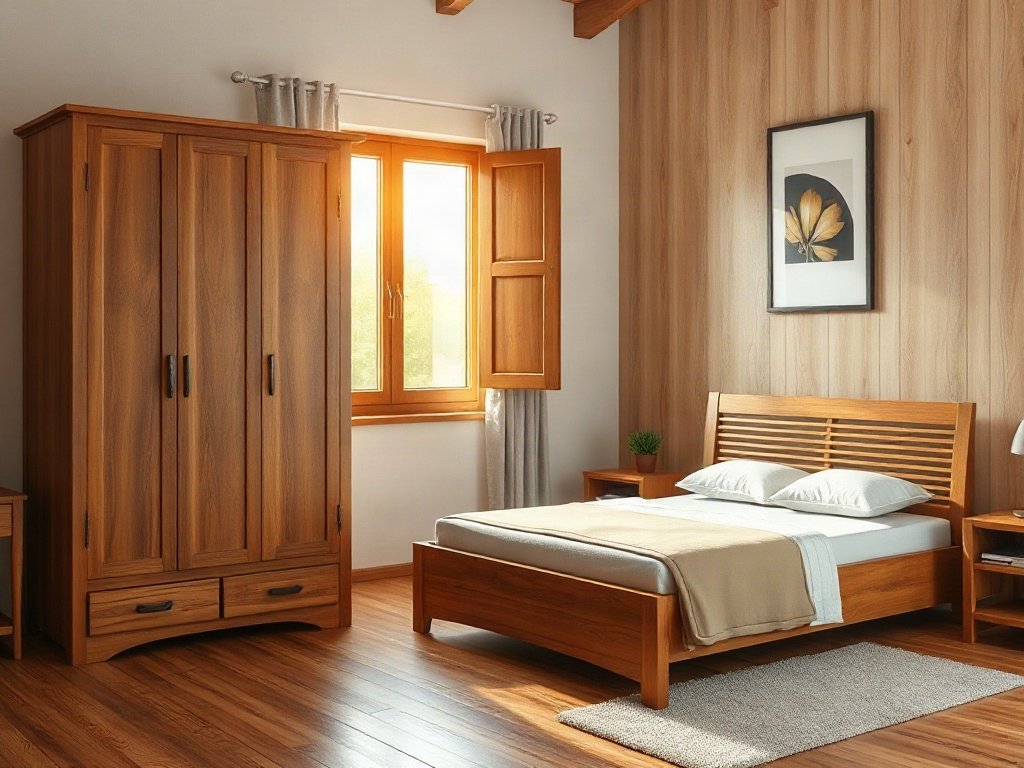 Giường tủ phòng ngủ gỗ tự nhiên đặt trong không gian nhà ở