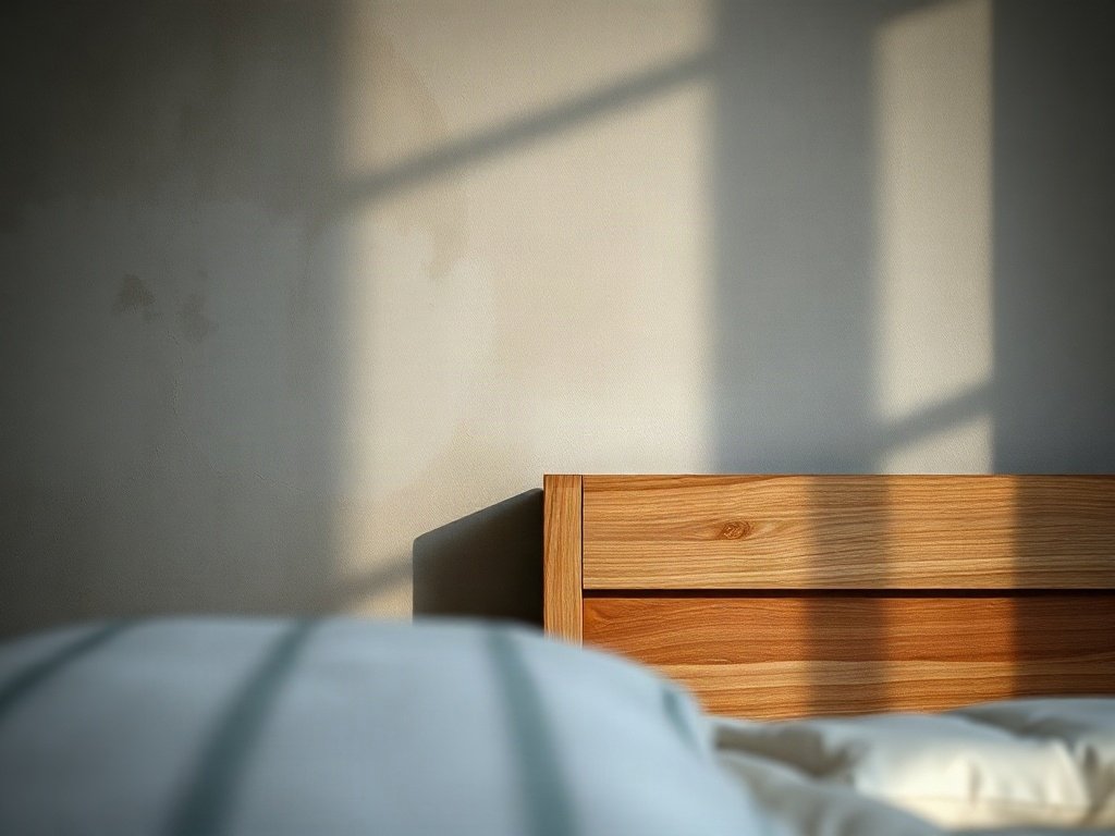 Góc phòng ngủ với giường gỗ công nghiệp gần tường cần chống ẩm