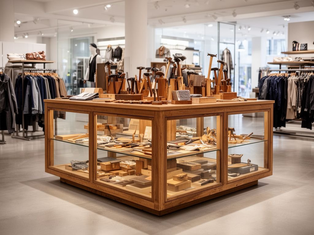 Tủ Bày Hàng Túi Xách Kệ Gỗ Kính Cường Lực Đẹp, Chuẩn Shop Kệ đảo trung tâm gỗ kính trưng bày túi xách shop rộng