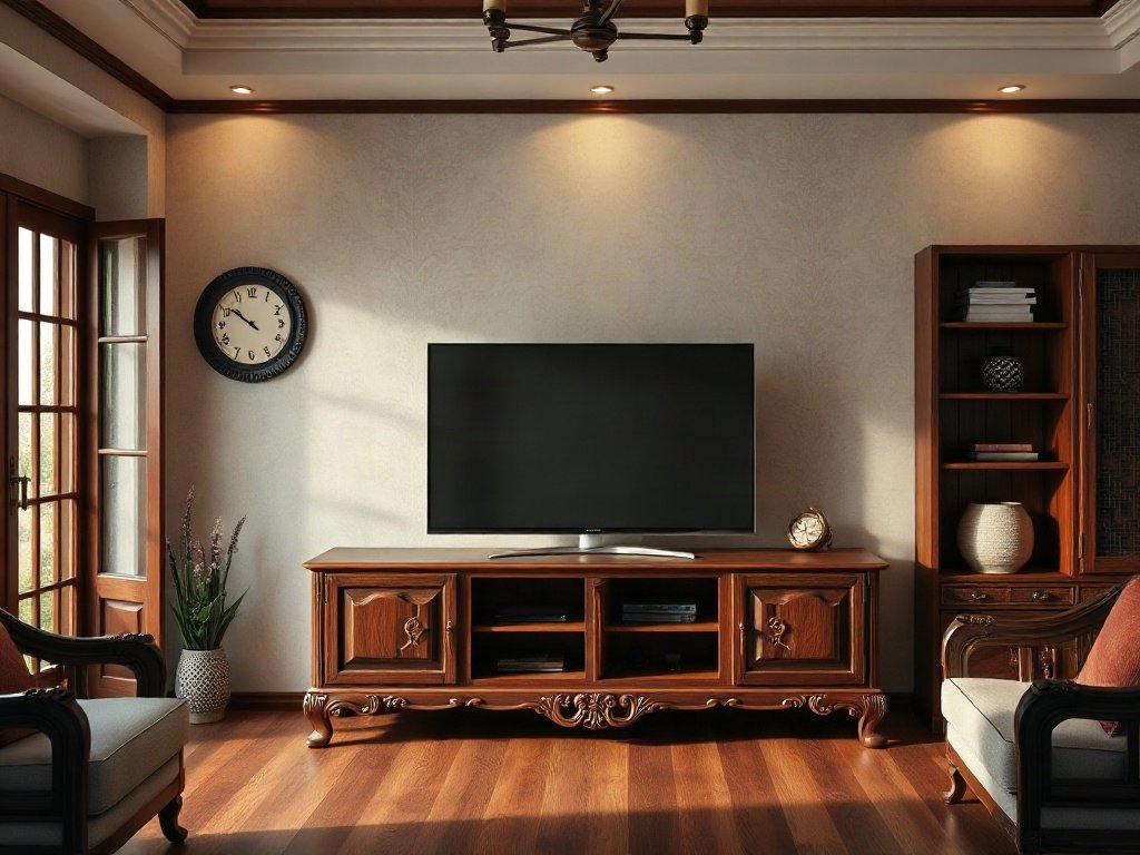 Kệ tivi cổ điển chân tiện màu gỗ óc chó trong phòng khách