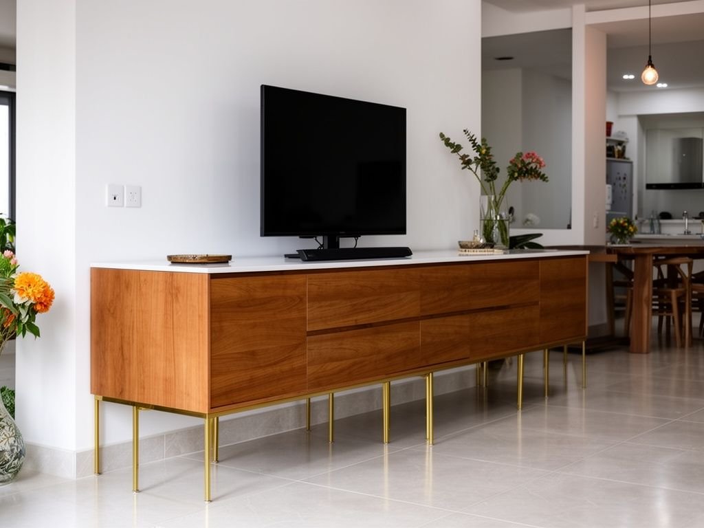 Kệ Tivi MDF Chân Inox Mạ Vàng Sang Trọng Cho Phòng Khách Kệ tivi đảo nổi nhiều chân inox mạ vàng phong cách bán đảo