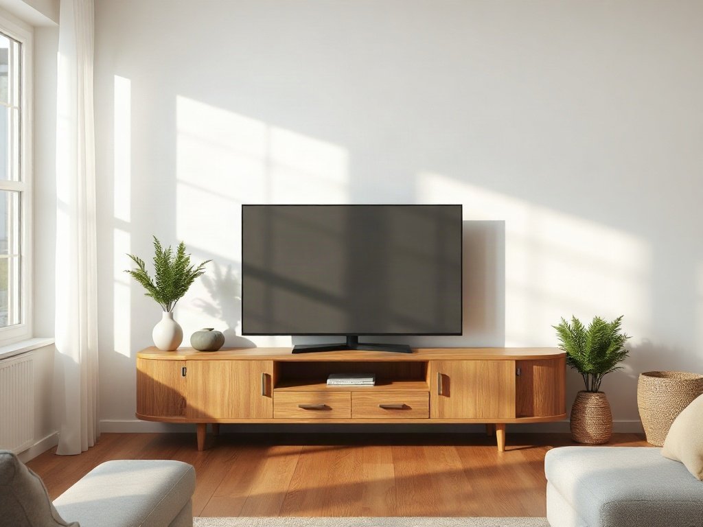 Kệ Tivi Gỗ MDF Phối Màu Gỗ Và Trắng: Chọn Sao Cho Chuẩn Kệ tivi gỗ công nghiệp phủ melamine đặt trong phòng khách sáng
