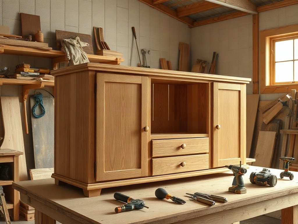 Kệ tivi gỗ tự nhiên đang hoàn thiện tại xưởng mộc thủ công