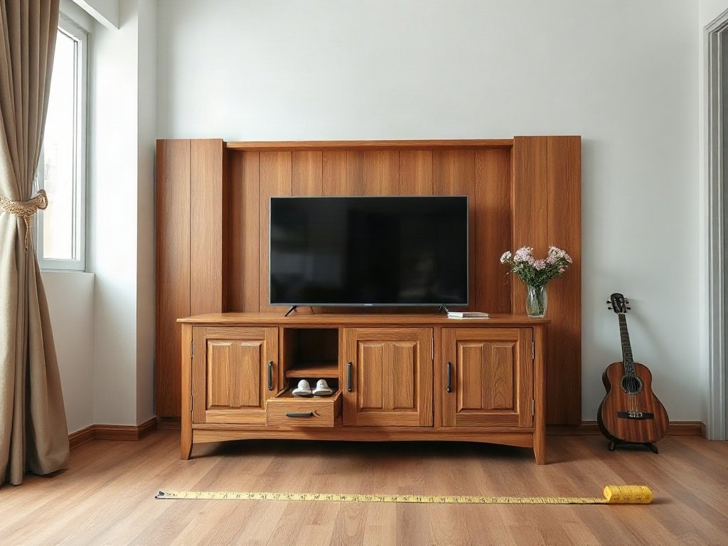 Kệ tivi gỗ tự nhiên đặt sát tường phòng khách chờ đo kích thước