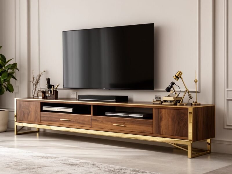 Kệ Tivi MDF Chân Inox Mạ Vàng Sang Trọng Cho Phòng Khách Kệ tivi MDF chân inox mạ vàng sang trọng trong phòng khách hiện đại