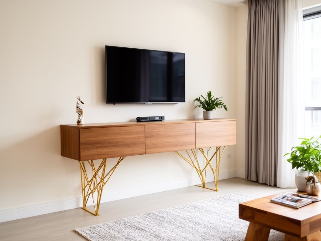 Kệ Tivi MDF Chân Inox Mạ Vàng Sang Trọng Cho Phòng Khách Kệ tivi treo tường phối chân inox mạ vàng trang trí phòng khách