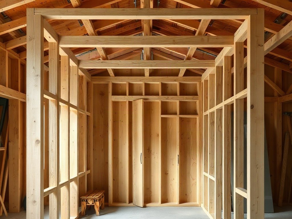 Tủ Quần Áo Kịch Trần – Tối Ưu Diện Tích Hiệu Quả Kết cấu khung xương gỗ bên trong tủ kịch trần trước hoàn thiện