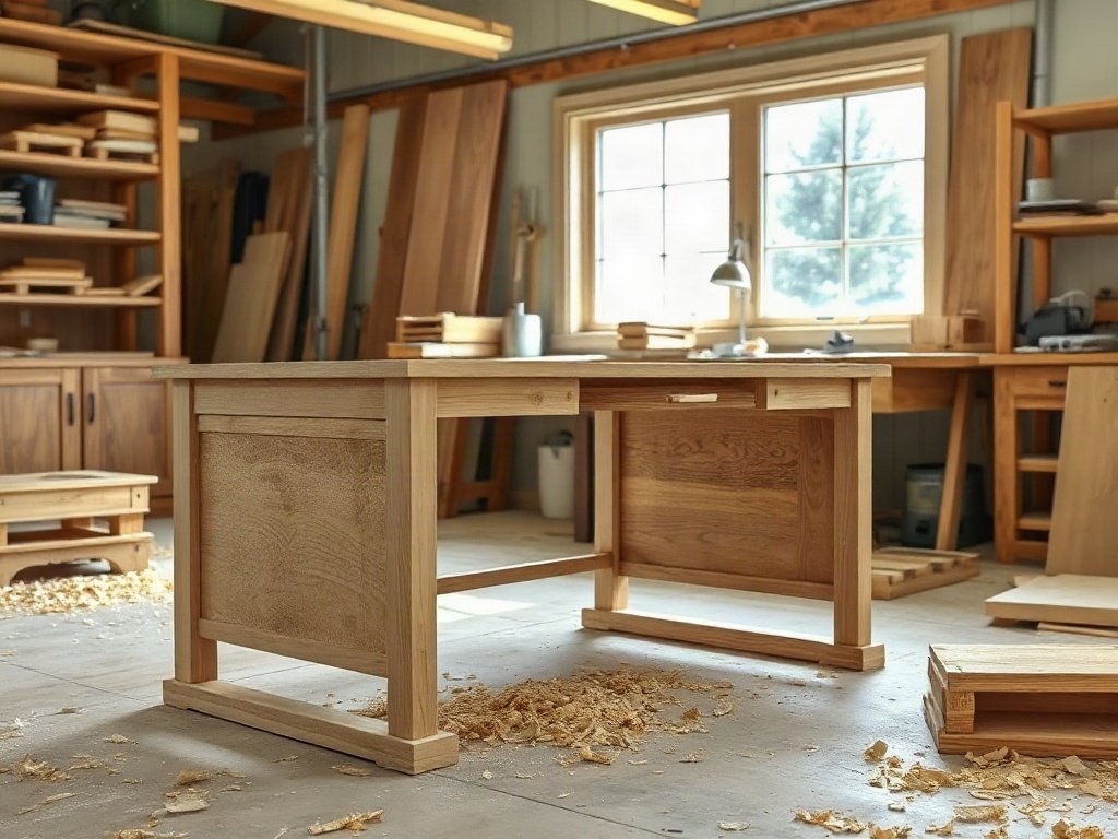Khung bàn làm việc giám đốc gỗ tự nhiên đang hoàn thiện tại xưởng mộc