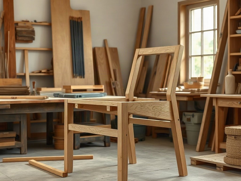 Khung ghế gỗ đơn giản đang gia công tại xưởng mộc nhỏ