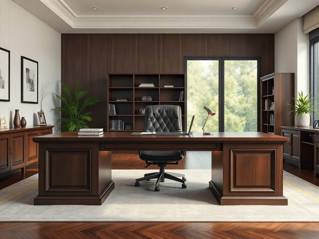 Mẫu Bàn Giám Đốc Đẹp – Thể Hiện Đẳng Cấp Lãnh Đạo Mẫu bàn giám đốc gỗ tự nhiên đặt trong không gian văn phòng hiện đại