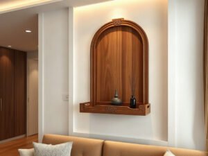 Mẫu bàn thờ chung cư treo tường gỗ tự nhiên hiện đại trong phòng khách căn hộ