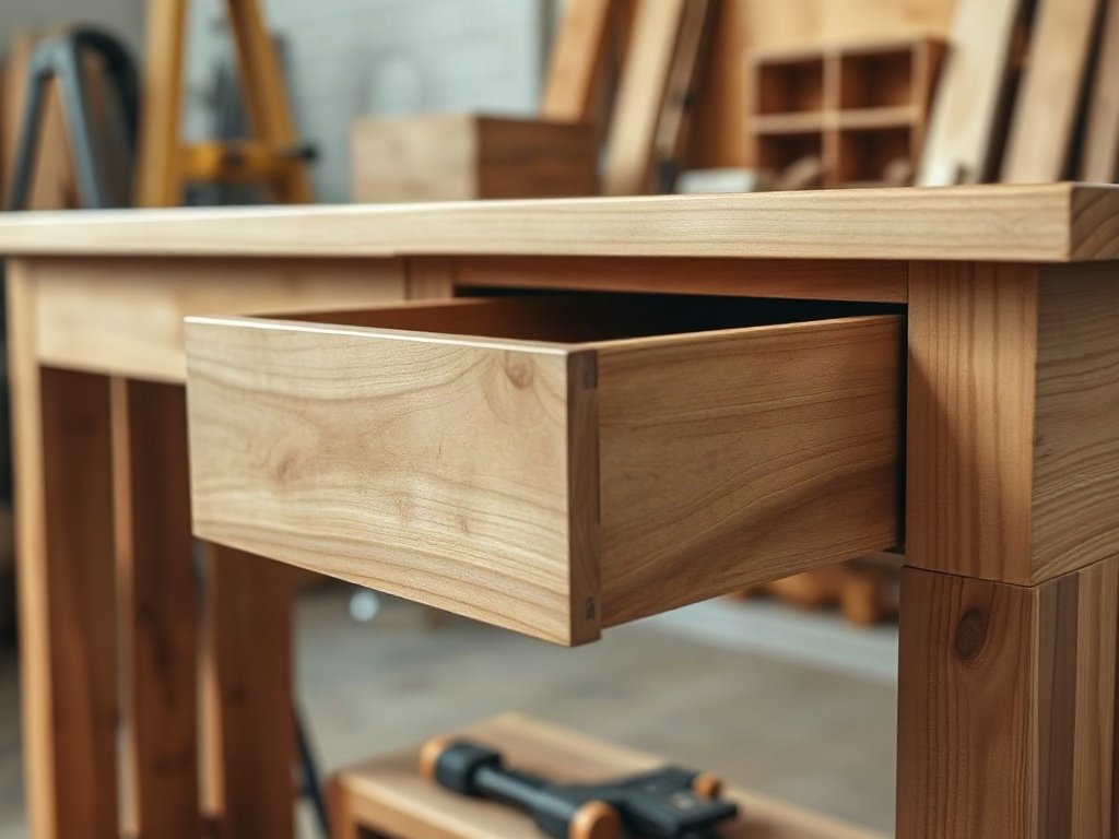 6 ý tưởng decor bàn làm việc phong cách ấn tượng nhất hiện nay Ngăn kéo ẩn dưới mặt bàn làm việc gỗ tự nhiên mở hé chi tiết