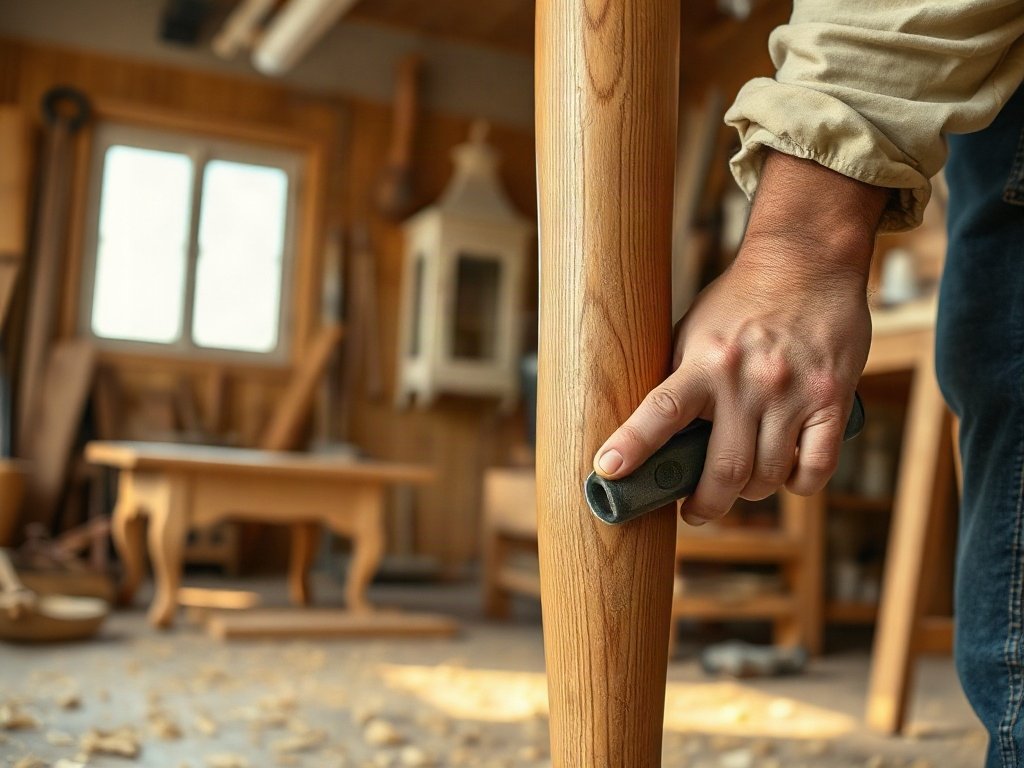 Bí quyết chọn bàn ghế văn phòng sang trọng Người thợ mộc đang xử lý bề mặt chân ghế gỗ tự nhiên trong xưởng