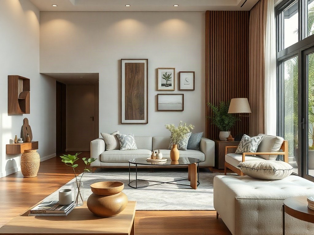 Phòng khách bài trí đồ trang trí gỗ óc chó theo phong cách tối giản