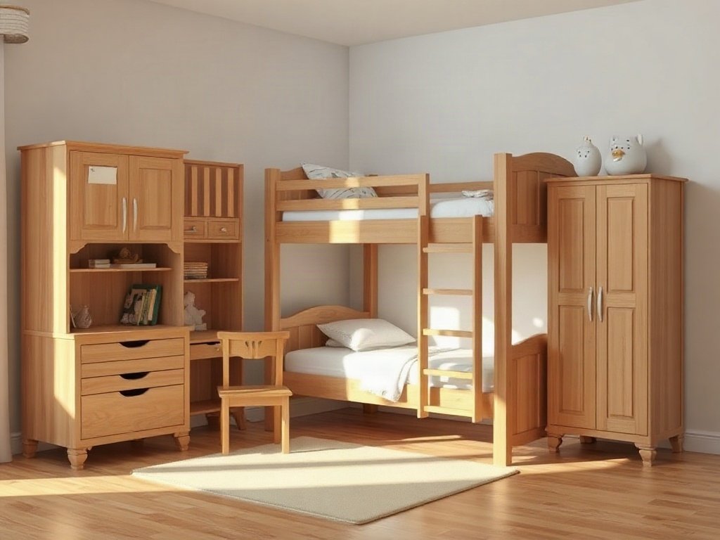 Phòng ngủ dễ thương với giường tầng kết hợp bàn học tủ áo