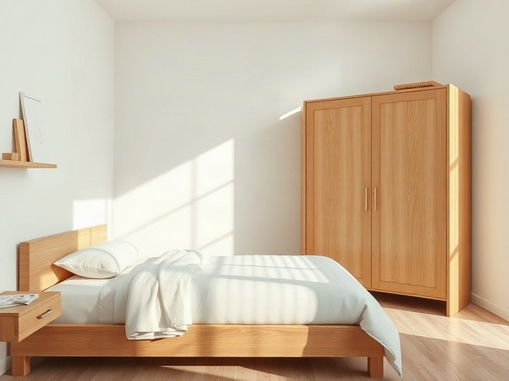 Phòng ngủ hiện đại tối giản với tủ quần áo đặt lệch góc tránh chiếu giường