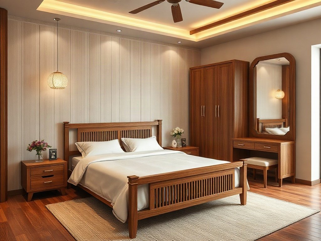 Phòng ngủ hoàn thiện với giường ngủ gỗ xoan đào và tủ đồng bộ