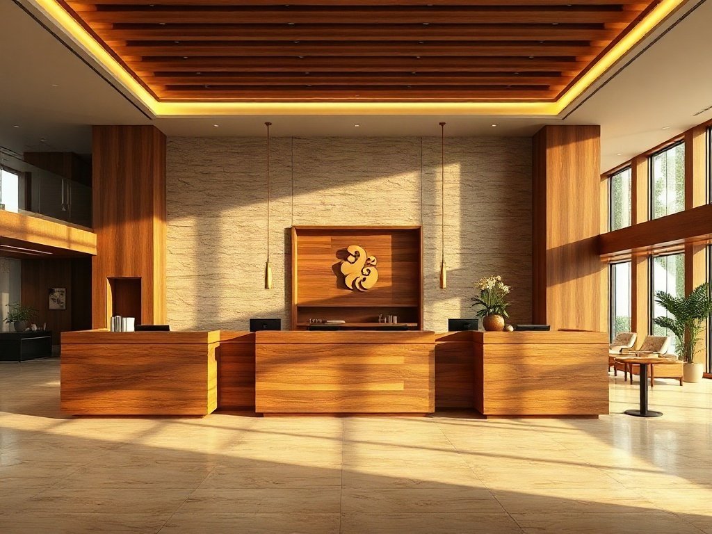 Giá bán quầy lễ tân giá rẻ TPHCM năm 2019 Quầy lễ tân gỗ đá hình chữ L đặt tại sảnh khách sạn rộng rãi