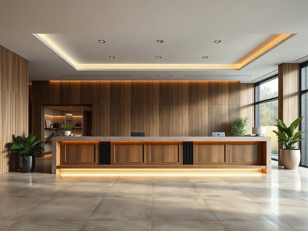 Địa điểm mua quầy lễ tân quận 5 giá tốt và uy tín Quầy lễ tân gỗ óc chó kết hợp đá cho sảnh khách sạn lớn