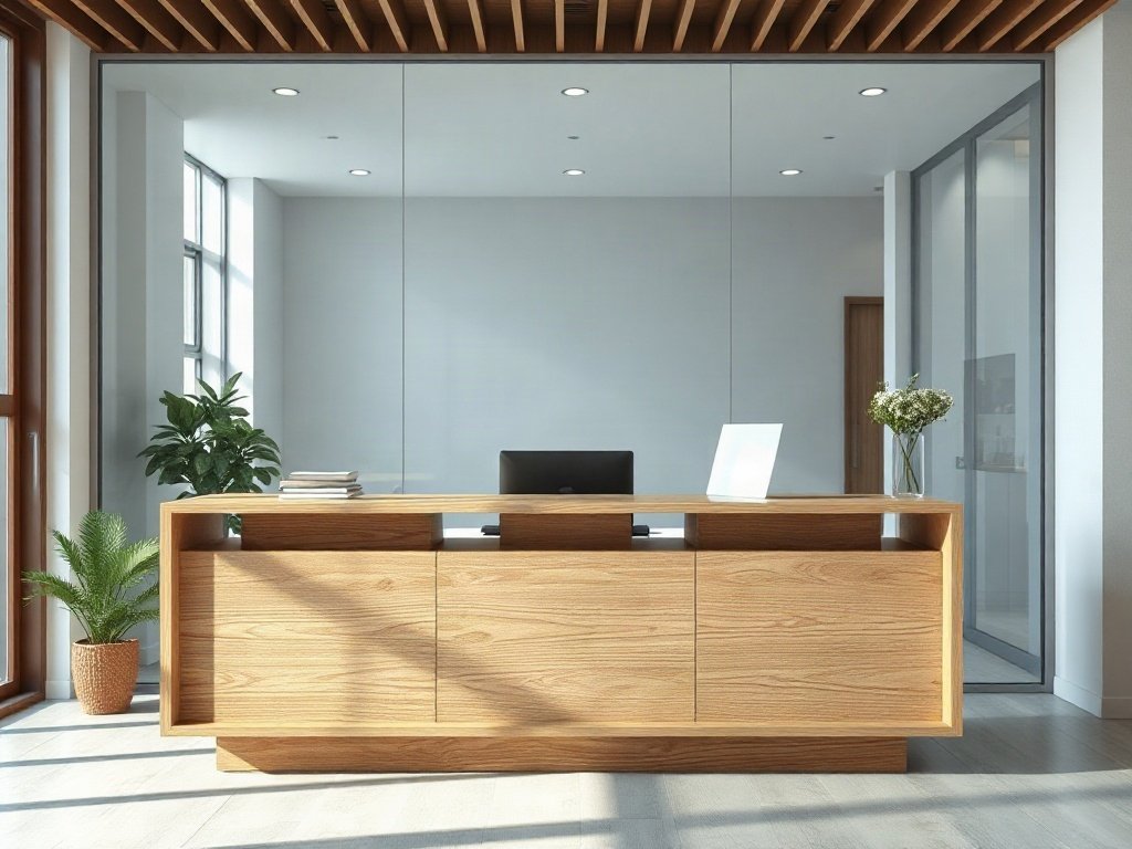 Quầy lễ tân gỗ tự nhiên thiết kế đồng bộ phong cách văn phòng hiện đại
