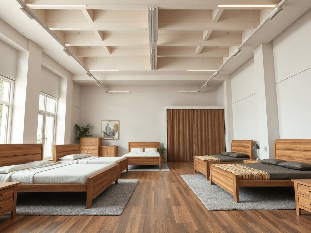 Showroom trưng bày nhiều mẫu giường gỗ công nghiệp đa dạng kiểu dáng