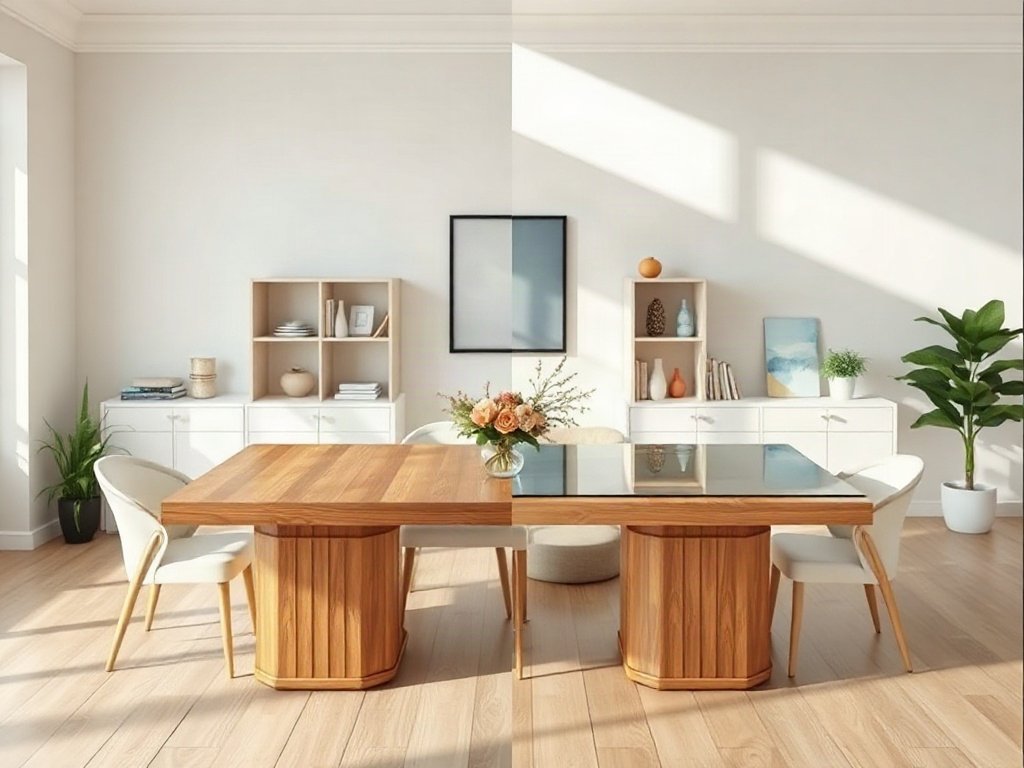 5 ưu điểm bàn ăn gỗ so với bàn kính trong không gian sống So sánh trực quan ưu điểm bàn ăn gỗ so với bàn kính trong phòng khách