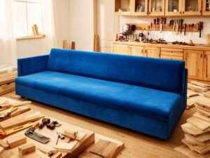Sofa nệm băng dài bọc nỉ màu xanh dương trong phòng khách hiện đại