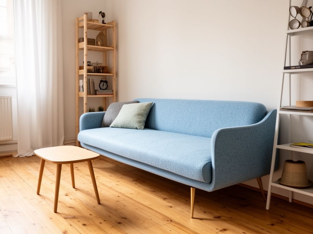 Sofa Nệm Băng Dài Bọc Nỉ Màu Xanh Dương Cho Không Gian Ấm Cúng Sofa vải nỉ xanh dương nhạt kê trong căn hộ nhỏ phong cách Scandinavian