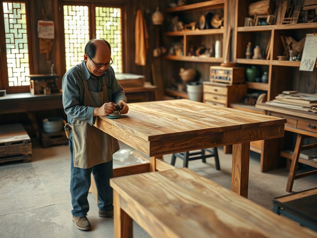 Thợ mộc đánh bóng hoàn thiện mặt bàn làm việc gỗ xoan đào