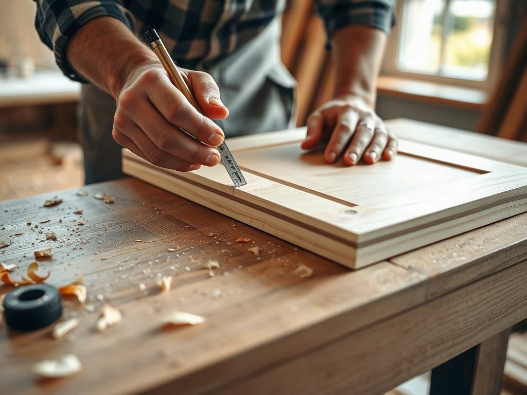 Tủ Rượu Ngăn Phòng Khách Và Bếp Đa Năng Thợ mộc đo đạc và đánh dấu tấm gỗ trước khi đóng tủ rượu