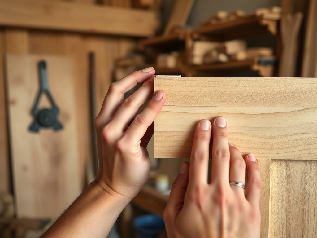 Thợ mộc kiểm tra mối ghép góc tủ đồ gỗ cao cấp thủ công