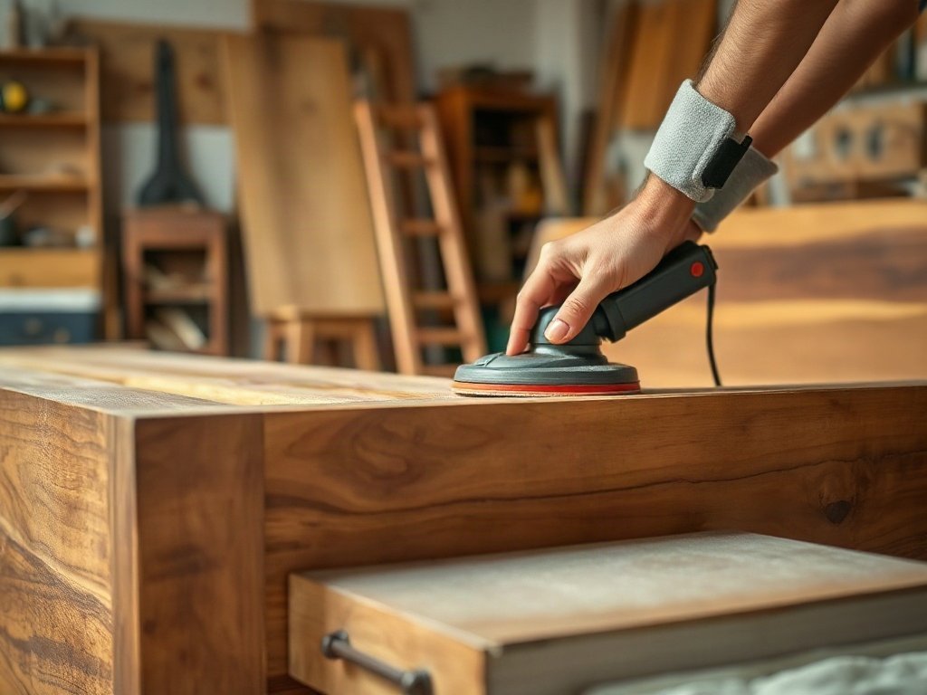 Thợ mộc xử lý bề mặt giường ngủ gỗ óc chó giá rẻ tinh tế
