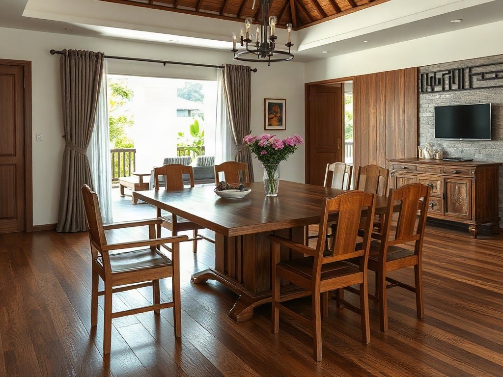 Toàn cảnh bàn ăn 8 người gỗ tự nhiên trong phòng ăn biệt thự