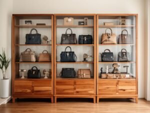 Tủ bày hàng túi xách kệ gỗ kính cường lực sang trọng trong shop thời trang