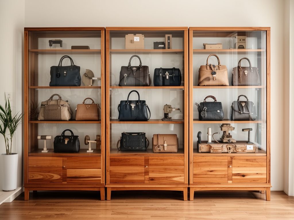 Tủ Bày Hàng Túi Xách Kệ Gỗ Kính Cường Lực Đẹp, Chuẩn Shop Tủ bày hàng túi xách kệ gỗ kính cường lực sang trọng trong shop thời trang