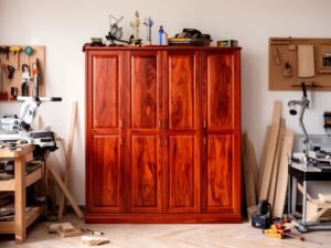 Tủ giày 4 cánh gỗ xoan đào cao cấp đặt tại sảnh nhà