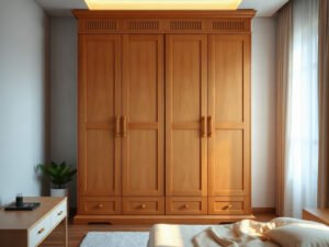Tủ quần áo gỗ ở TPHCM bốn cánh vân gỗ tự nhiên đặt trong phòng ngủ