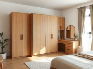Tủ quần áo kết hợp bàn trang điểm gỗ tự nhiên kiểu chữ L hiện đại