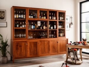 Tủ rượu gỗ sồi lau màu óc chó hiện đại trong phòng khách