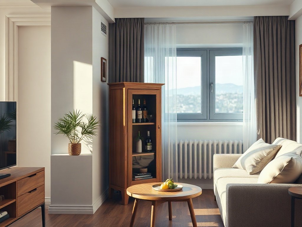Tủ Rượu Góc Phòng Khách Tiện Nghi Và Sang Trọng Tủ rượu góc mini đặt trong căn hộ studio diện tích nhỏ