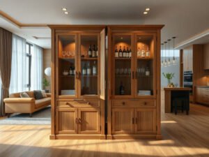 Tủ rượu ngăn phòng khách và bếp bằng gỗ sồi tự nhiên hai mặt