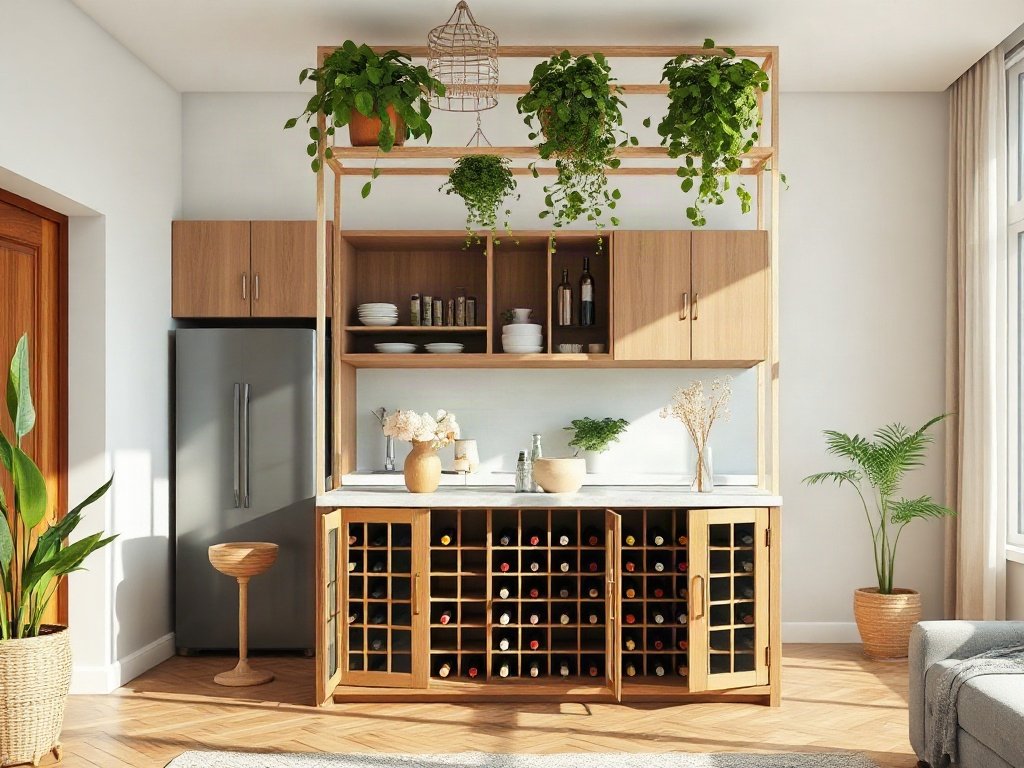 Tủ Rượu Ngăn Phòng Khách Và Bếp Đa Năng Tủ rượu vách ngăn thấp thoáng tầm nhìn giữa bếp và khách