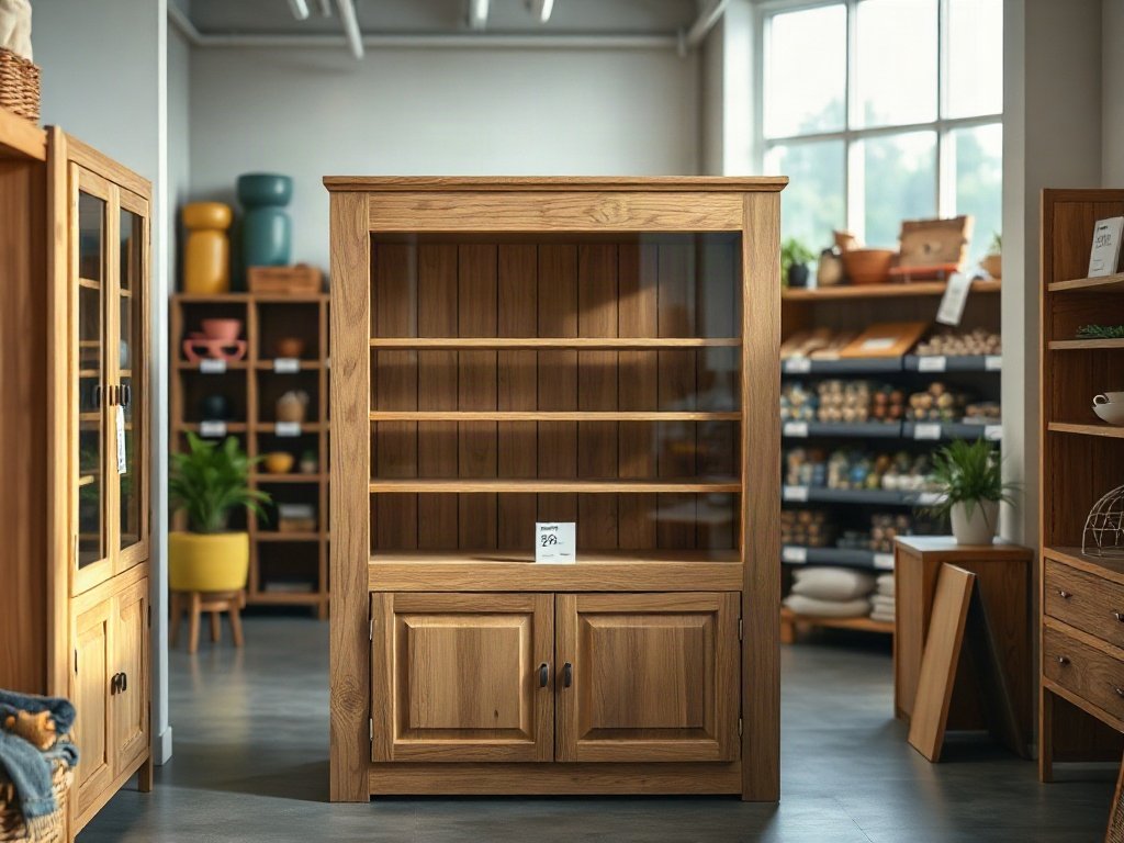 Tủ trưng bày giá rẻ khung gỗ đơn giản đặt trong cửa hàng nhỏ