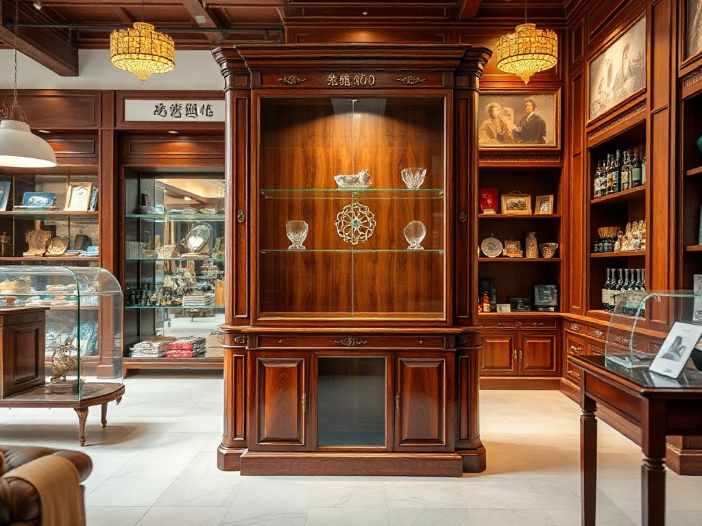 Tủ trưng bày gỗ cao cấp đánh bóng đặt trong showroom sang trọng
